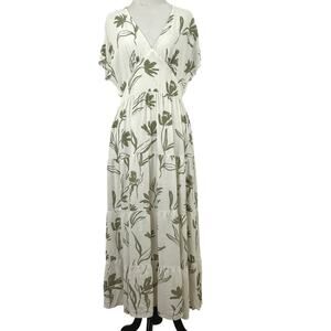 White|Closet - Cream/Olive Green Maxi Dress - Linen/Rayon, w/pockets - Size M